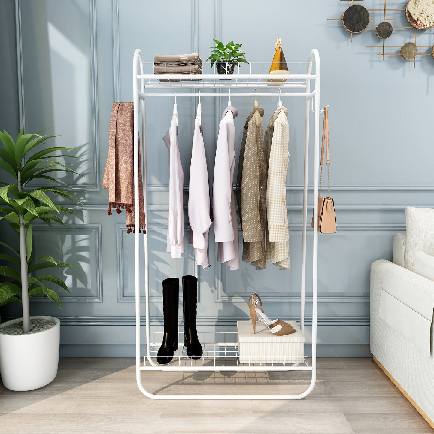 Heavy Duty Freestanding Clothes Rack with Double Shelves - White