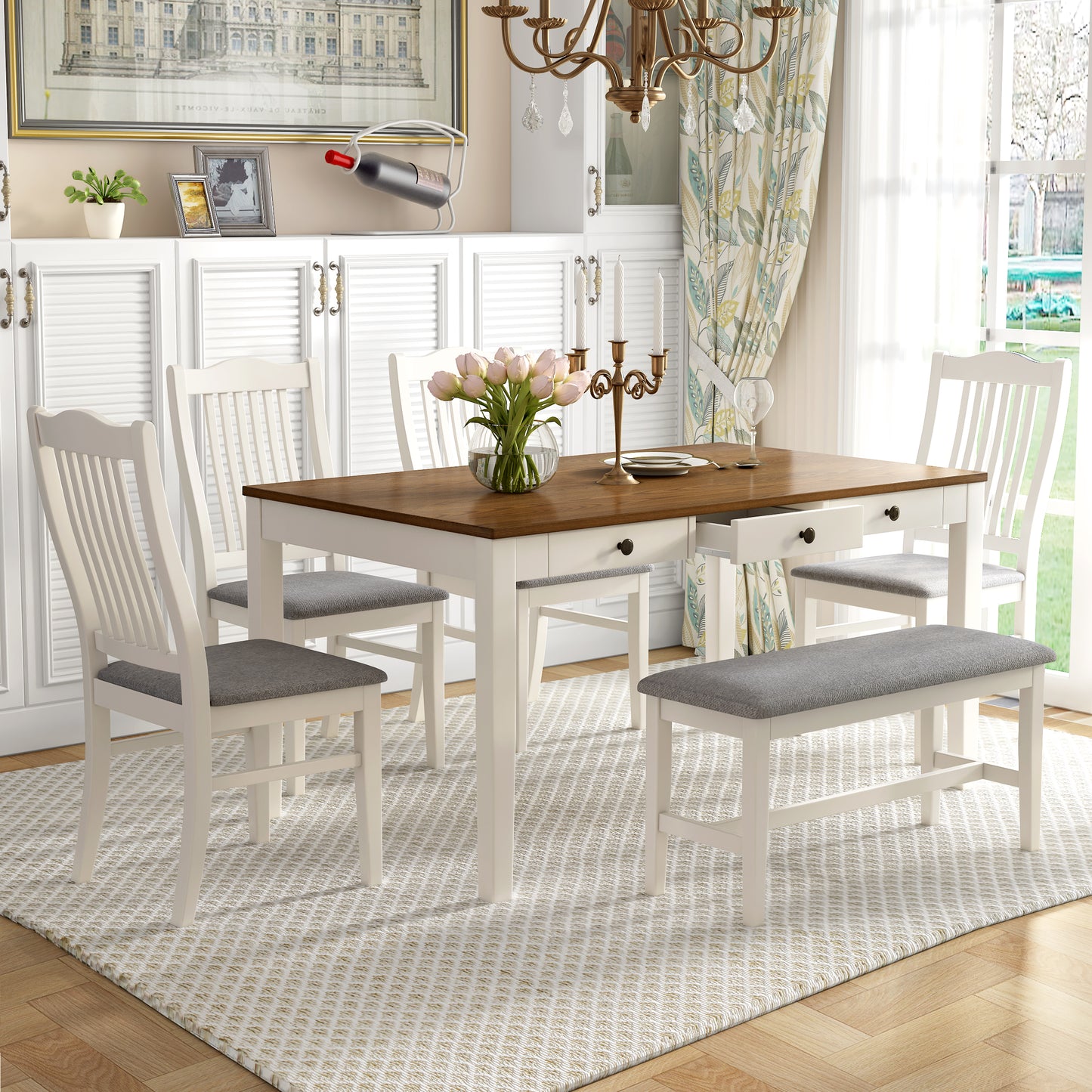 Mid-Century 6-Piece Wood Dining Table Set with Drawer - White