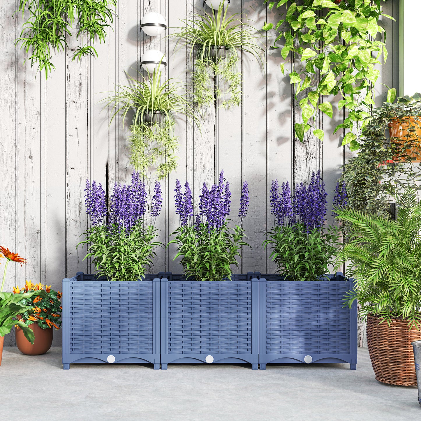 Plastic Raised Garden Bed 4x1x1 ft Outdoor Flower Box with Drainage - Blue