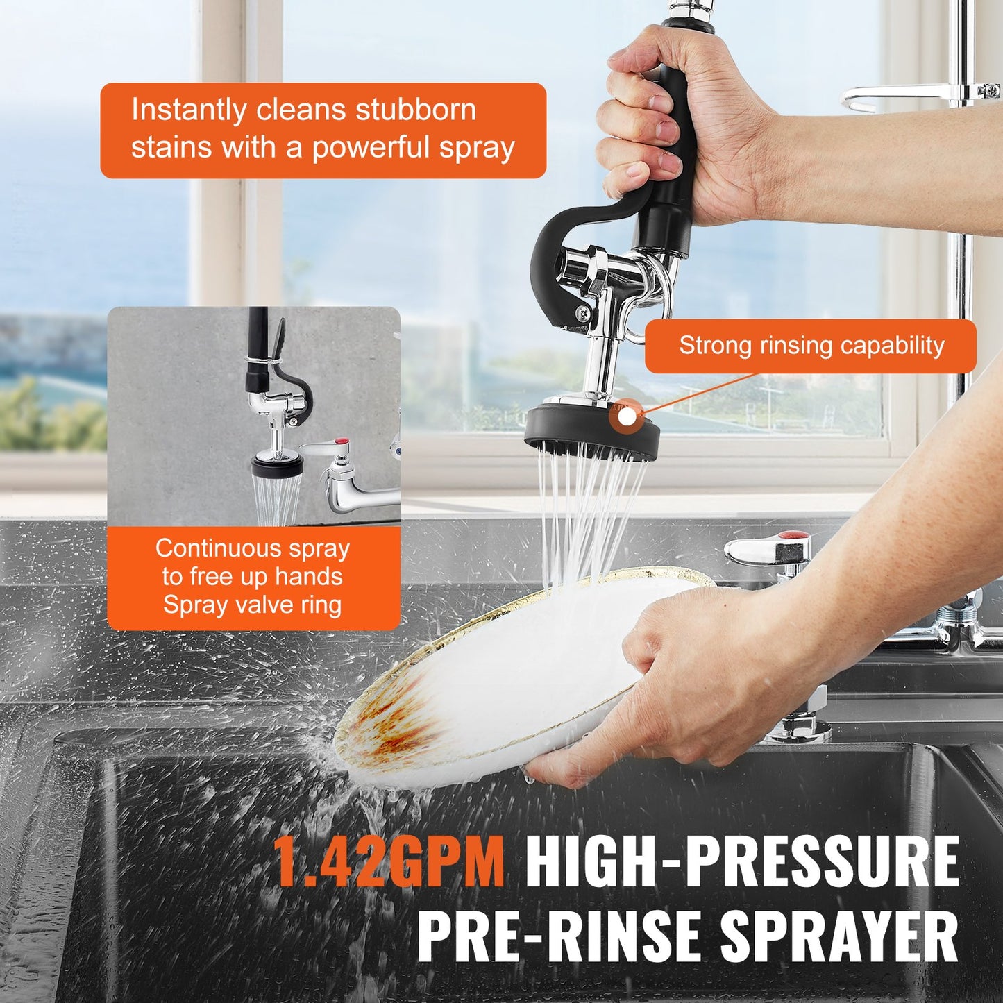 Deck-Mounted Commercial Kitchen Faucet with Pre-Rinse Sprayer