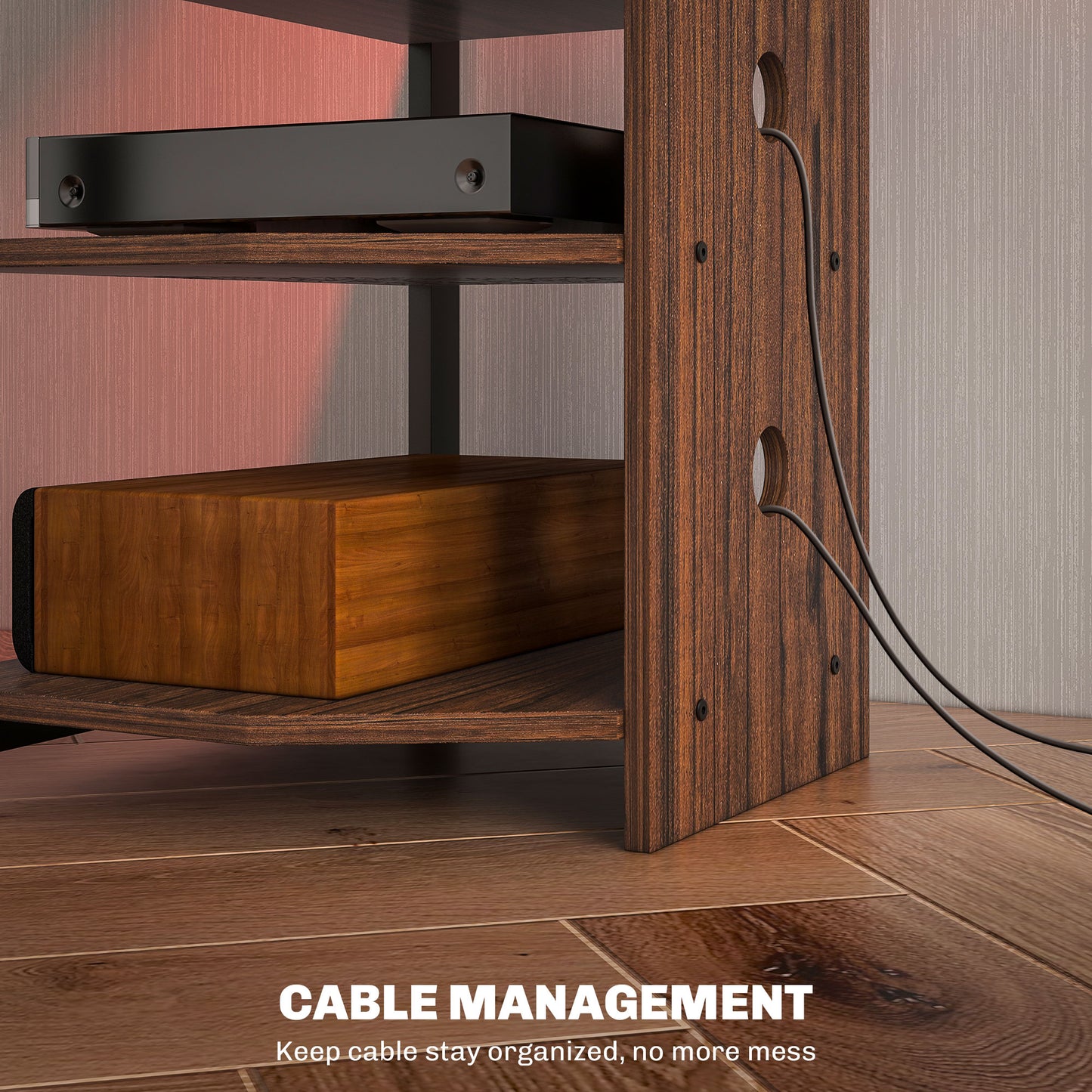 RGB LED TV Stand with Storage Shelves - Chestnut Brown