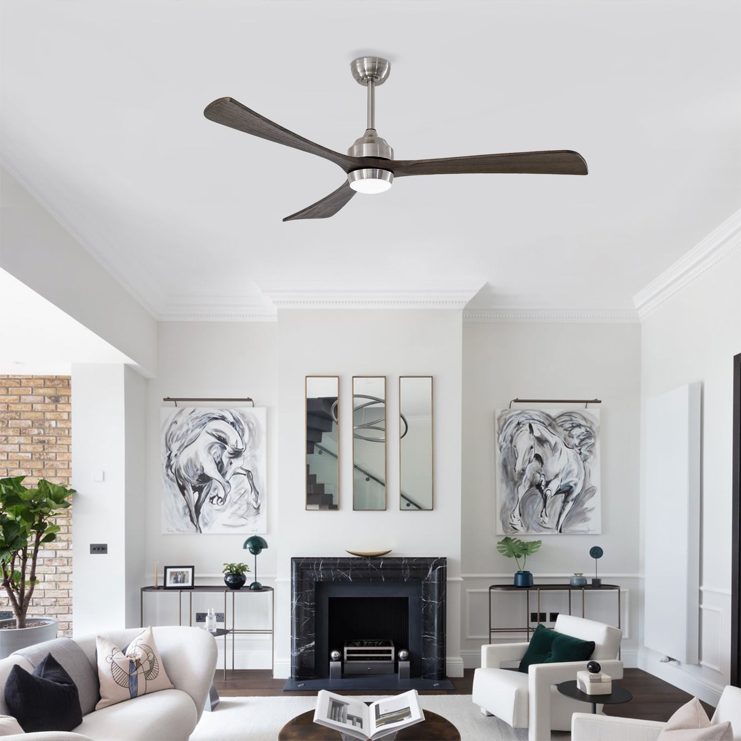 62" Solid Wood Blades Ceiling Fan with Lights & Remote Control - Nickel
