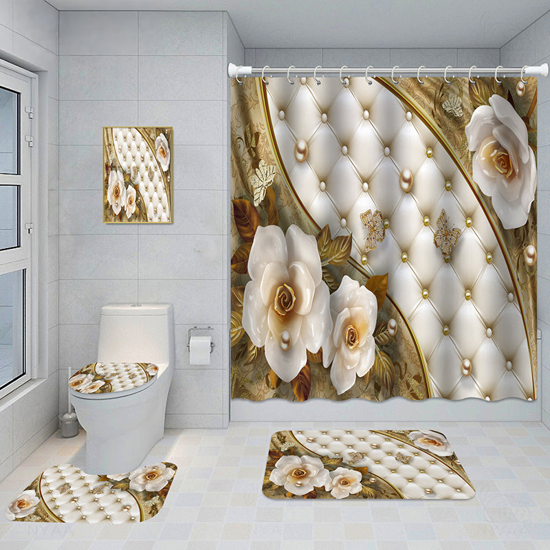 Bathroom 5-Piece Shower Curtain Set with Mat and Decorative Aluminum Frame