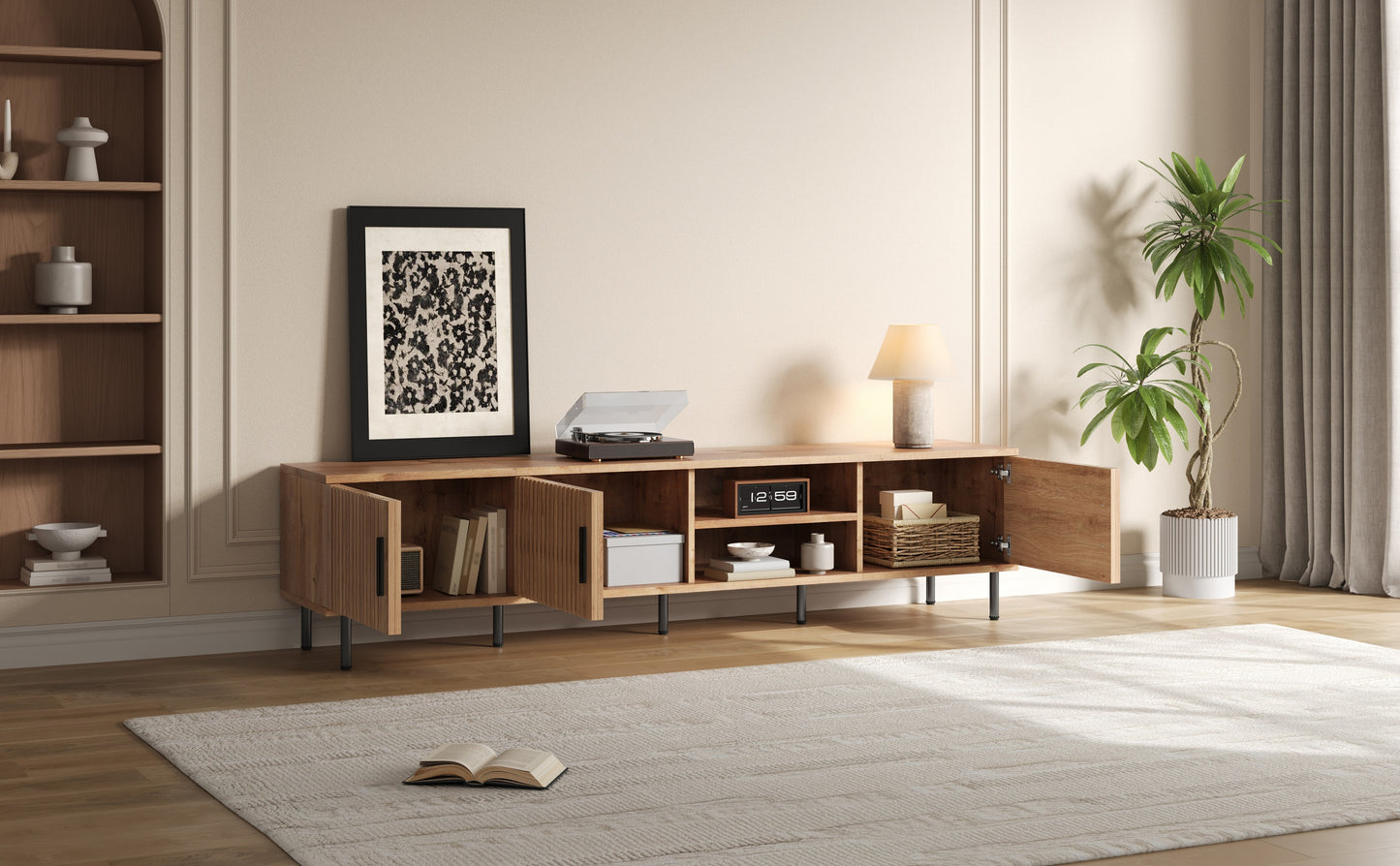 78-Inch Modern TV Stand for TVs Up to 85" - Natural Wood Finish