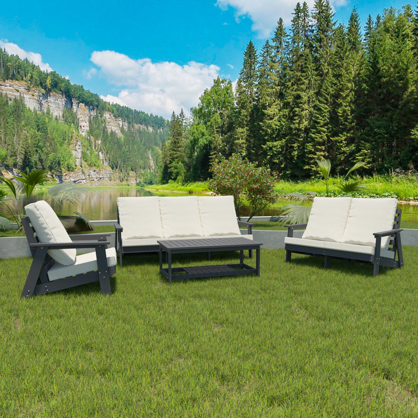 3 Seater Outdoor Sofa with Cushion - Grey Beige Garden Seating