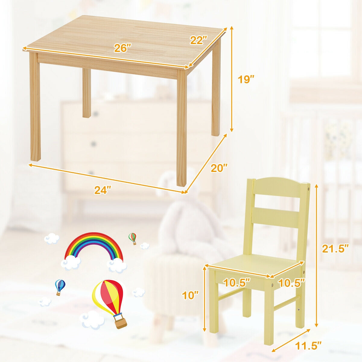 Kids Pine Wood Multicolor Table and Chair Set - 5 Pieces