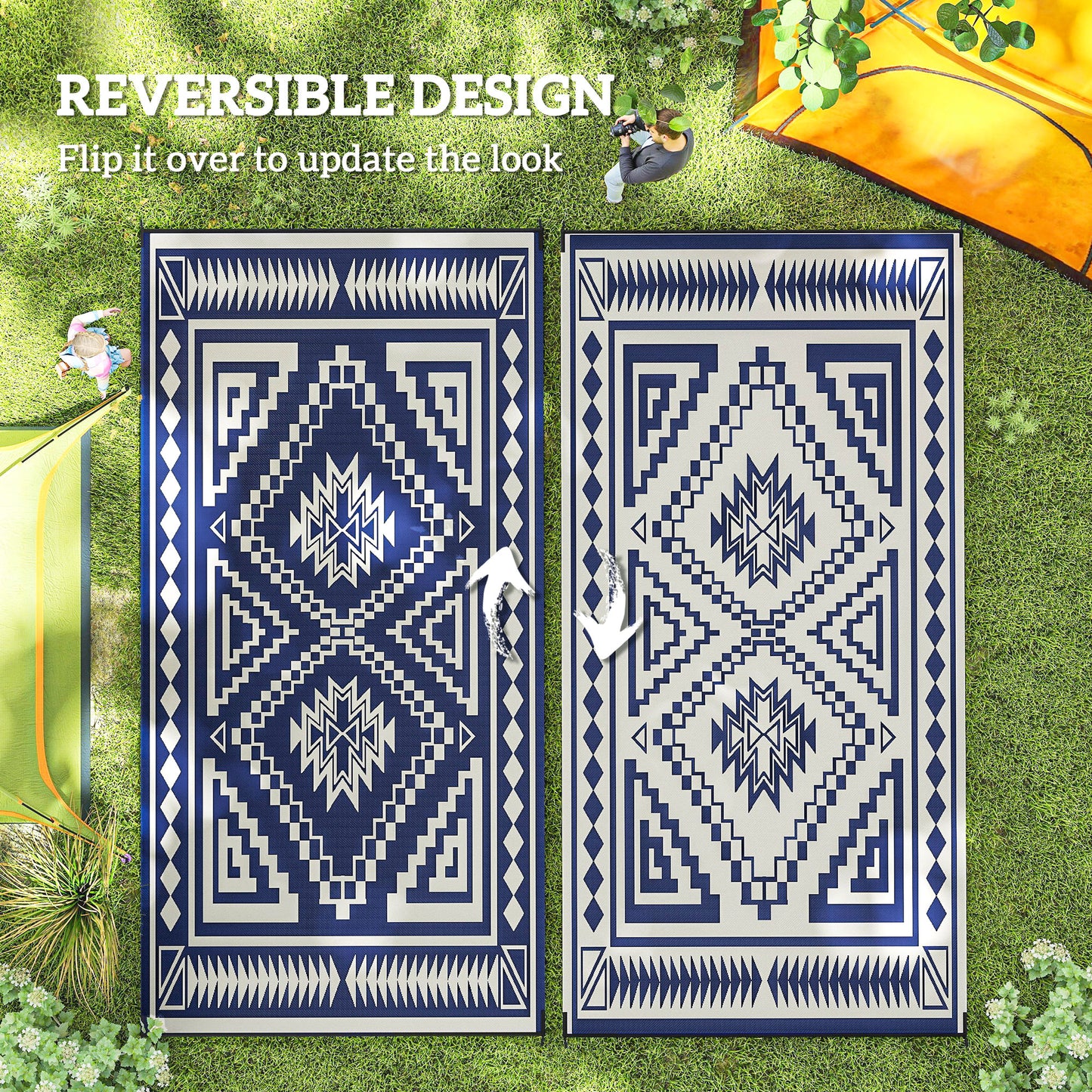 Reversible Outdoor Rug - Waterproof Blue & White Patchwork, 9' x 18' with Carry Bag