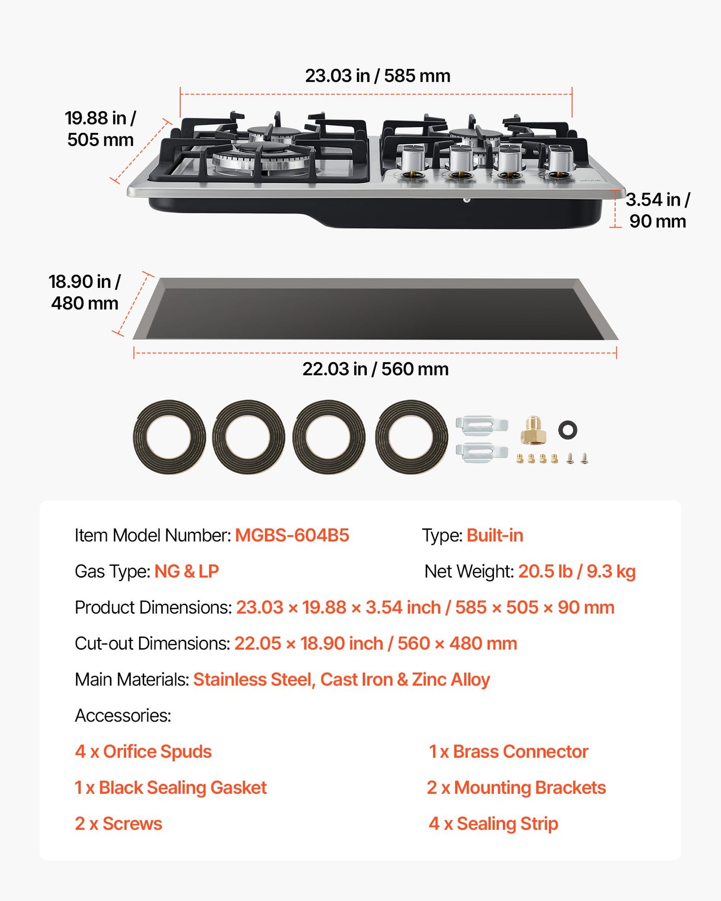 24 Inch Gas Cooktop 4 Burners Stainless Steel with Dual Fuel Conversion