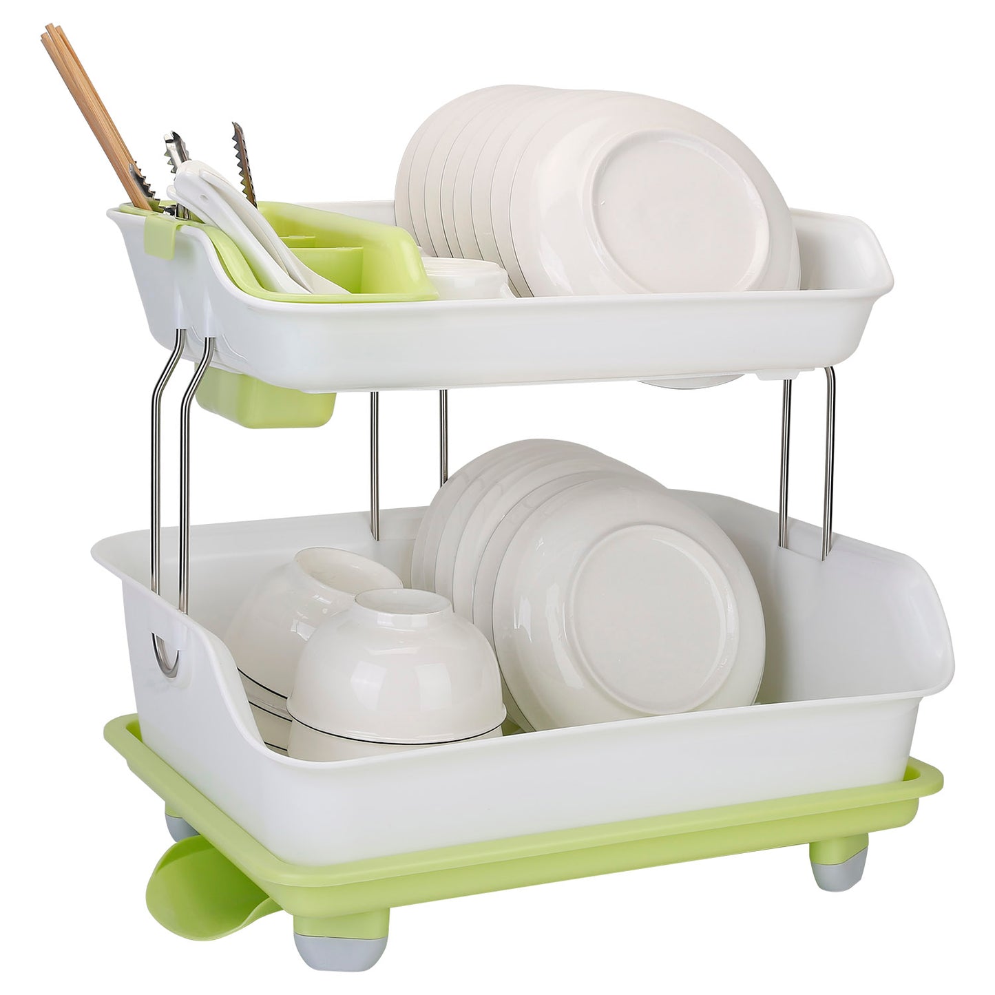 2-Tier Dish Drying Rack and Cutlery Drainer - Green & White