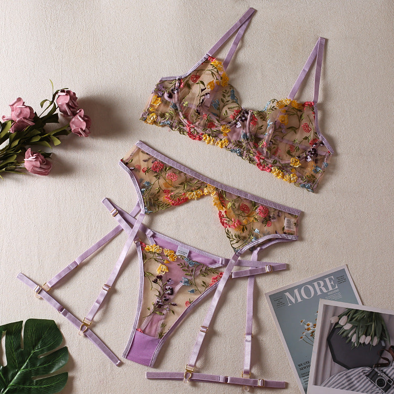 Women's Floral Lingerie Garter Set with Panty, Garter Belt & Leg Rings