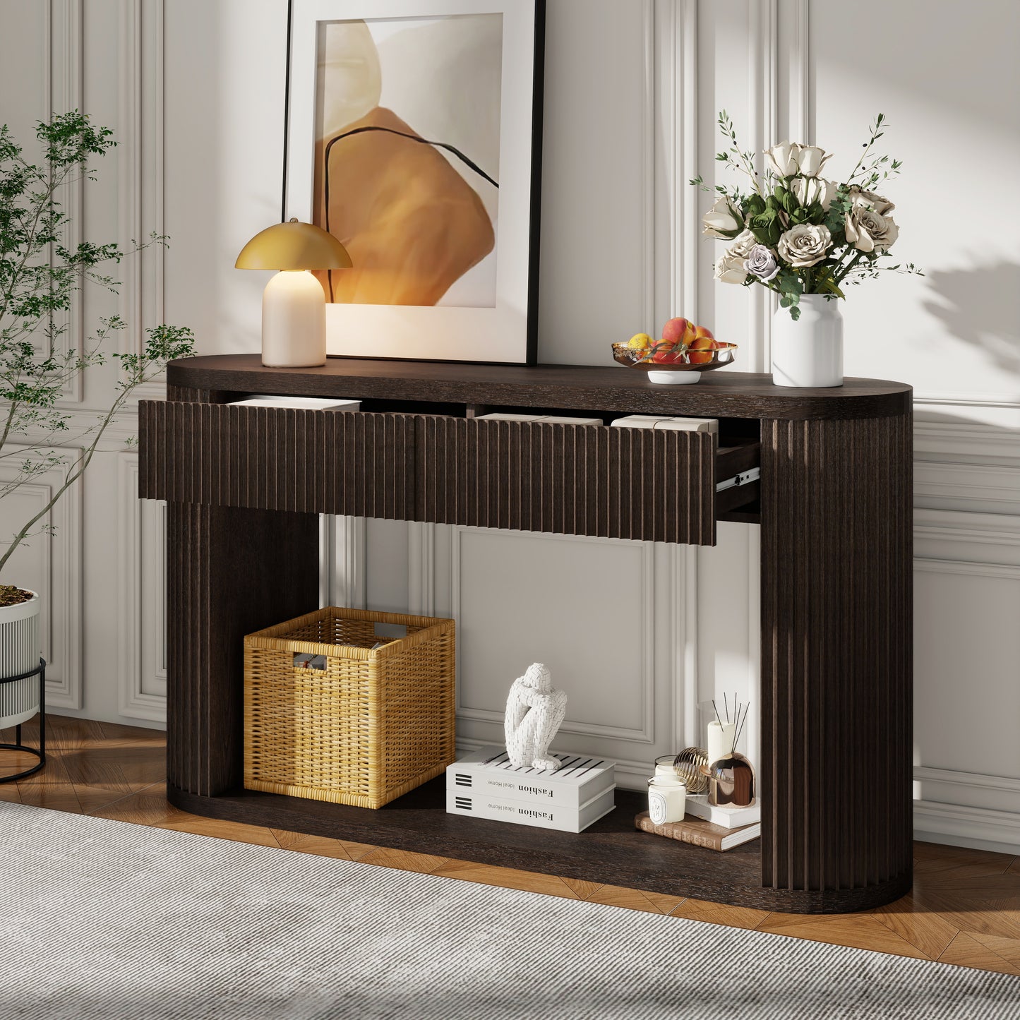 Oval Fluted Console Table with 2 Drawers & Bottom Shelf - Espresso