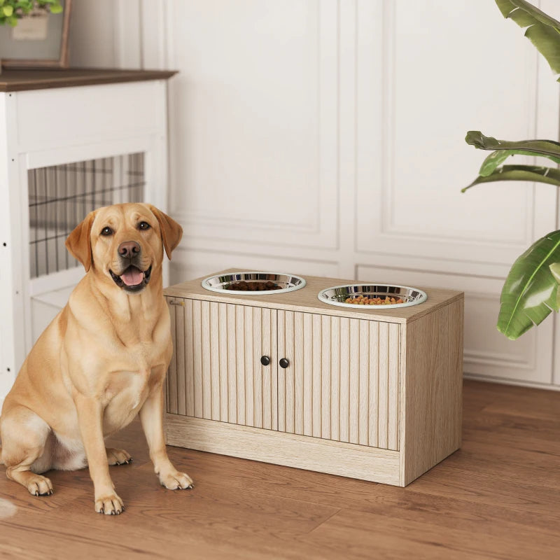 Elevated Dog Bowl Stand with 2 Stainless Steel Bowls & Storage Drawer