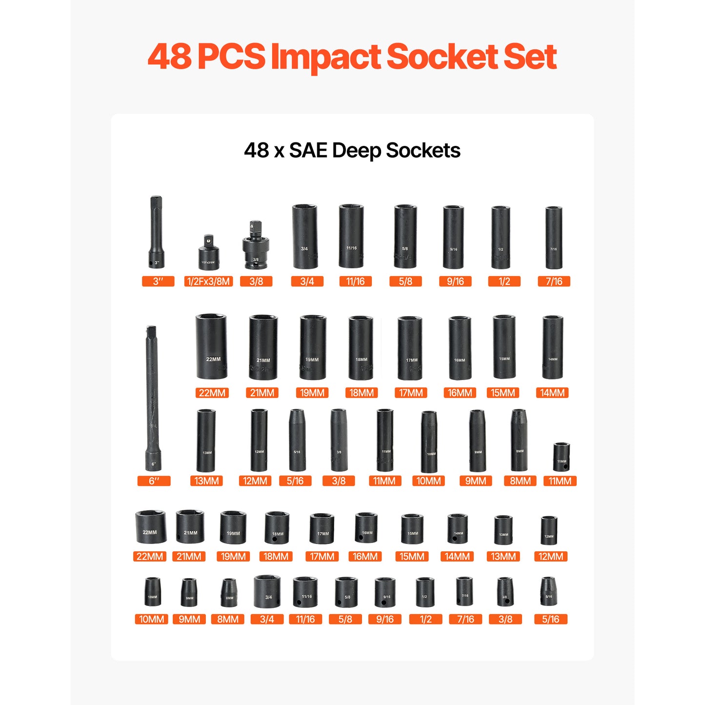 48-Piece Impact Socket Set 3/8" Drive SAE & Metric Wrenches