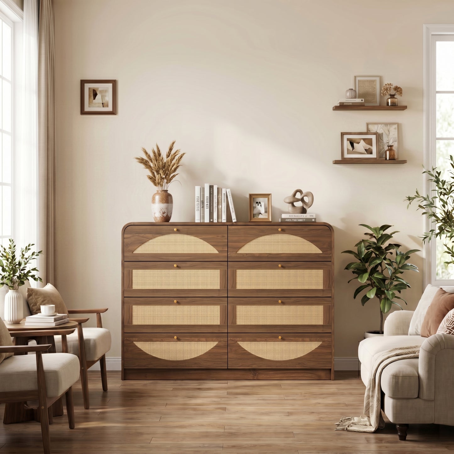 Walnut 8-Drawer Dresser with Rattan Front - Modern Storage Cabinet