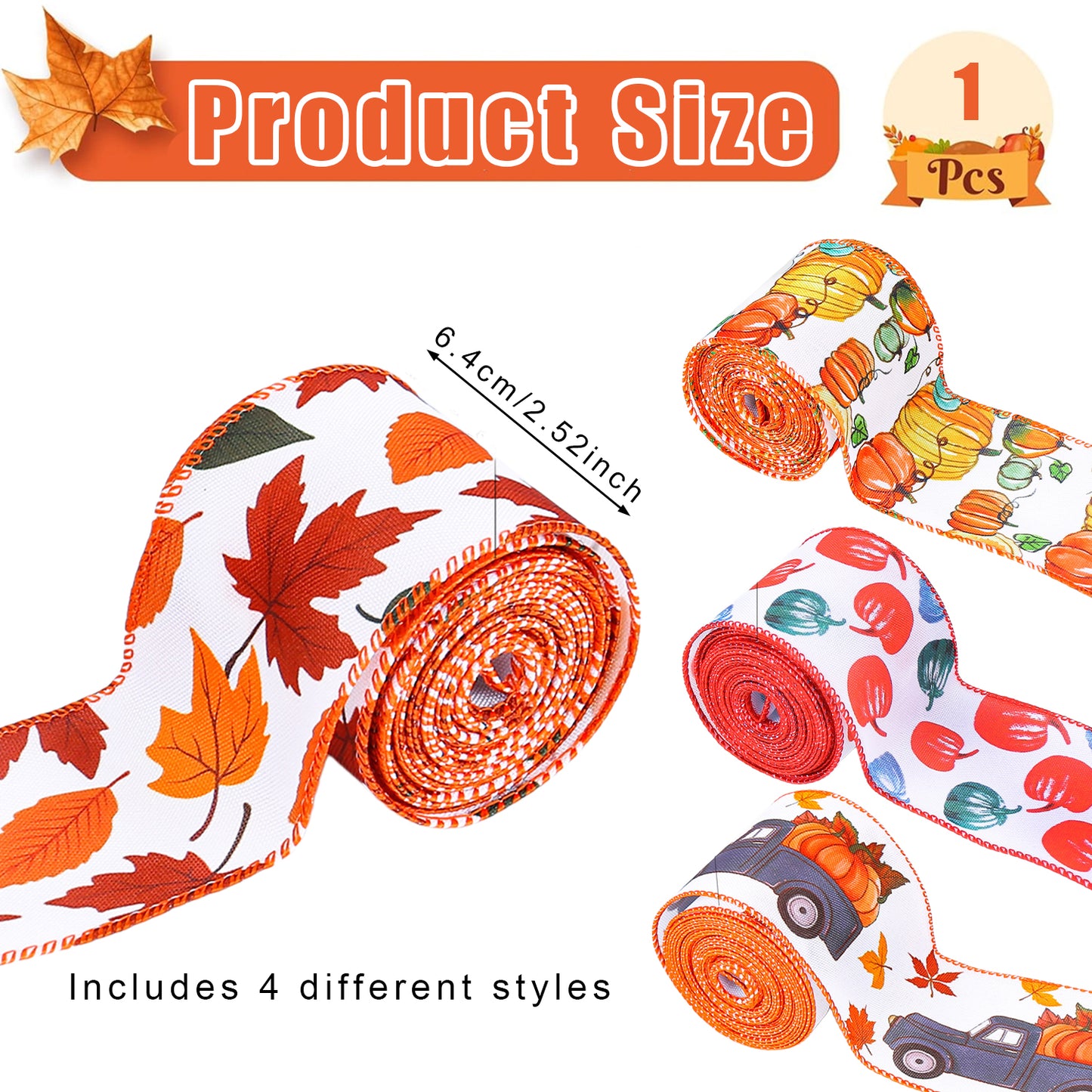 Thanksgiving Wired Edge Ribbon - 4 Rolls, 20 Yards, Orange