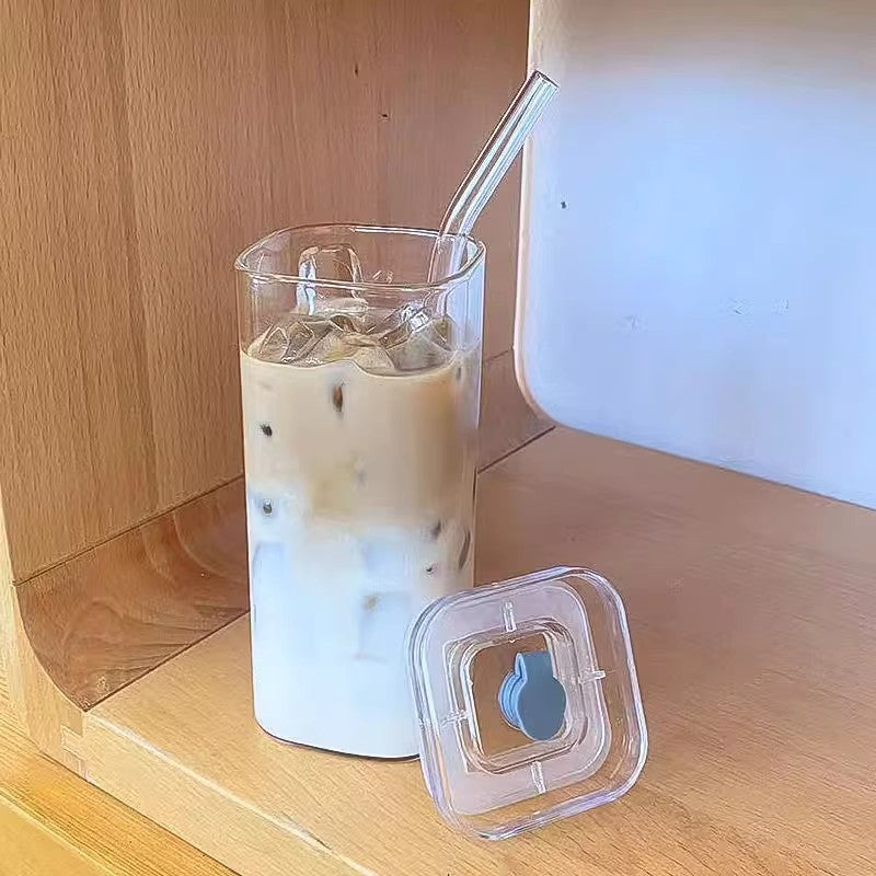 Minimalist Square Glass Cup with Lid and Straw - 400ml Heat-Resistant Drinkware
