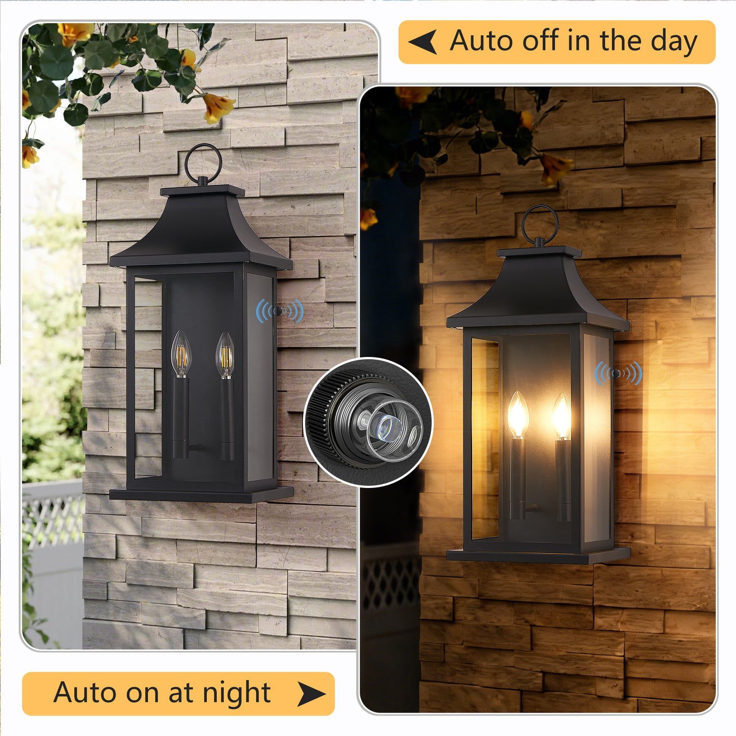 Large Outdoor Wall Lantern with Dusk to Dawn Sensor - Black Metal Sconce for Porch & House