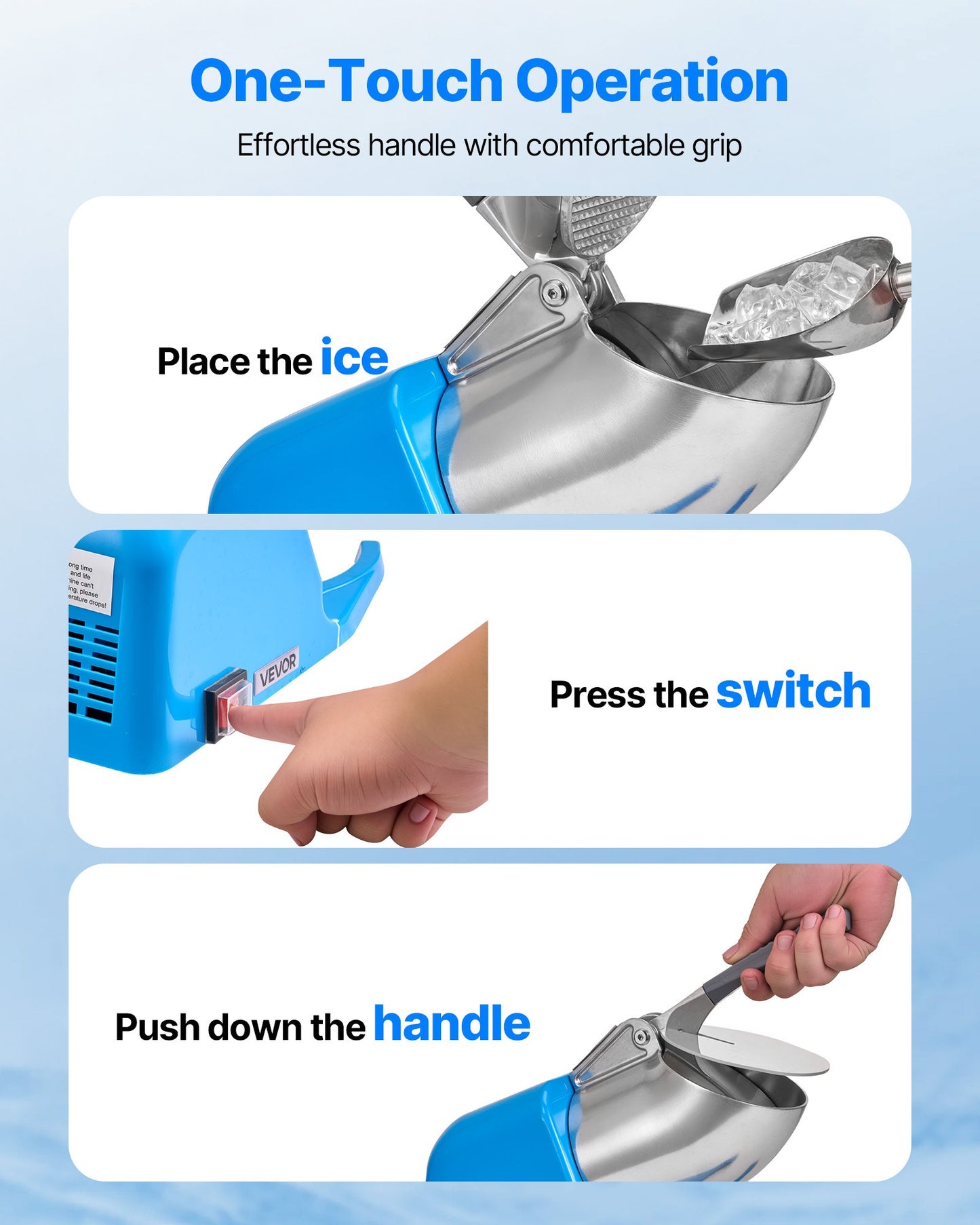 Electric Snow Cone Maker Ice Crusher 286LBS/H Blue Compact Kitchen Appliance