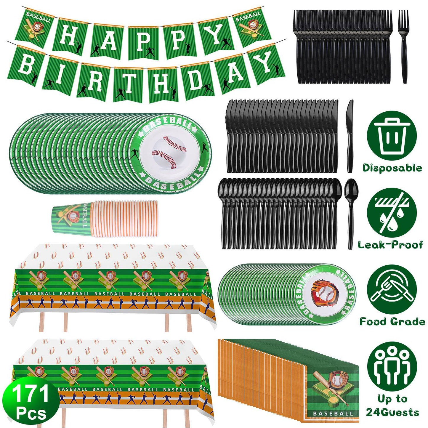171-Piece Baseball Party Supplies Set for 24 Guests