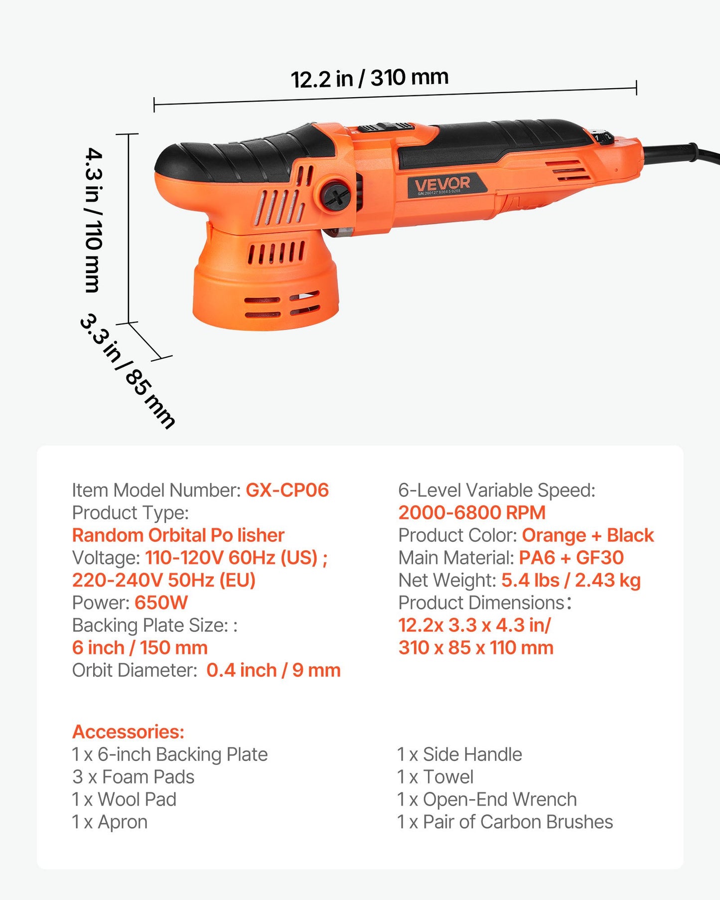 6-Inch Car Buffer Polisher with Variable Speed 650W for Detailing & Waxing