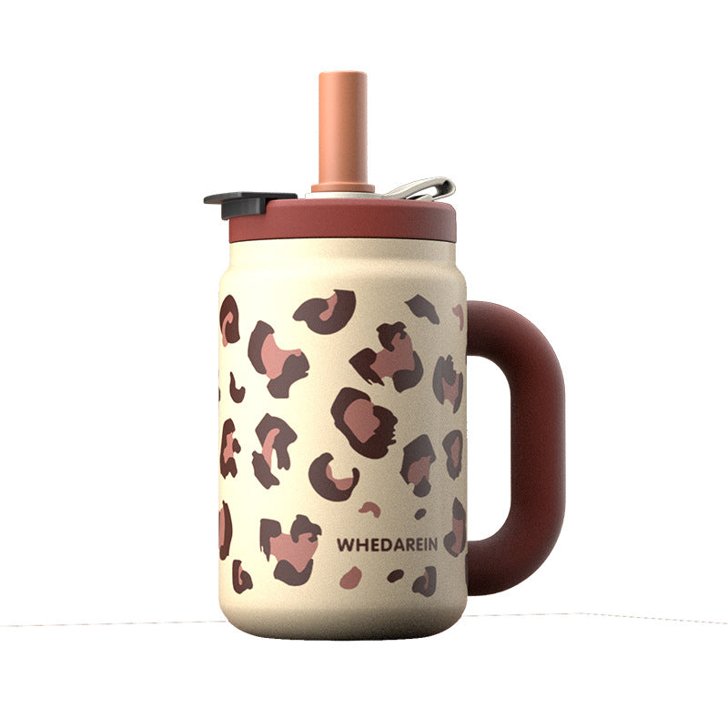 Large Capacity Insulated Stainless Steel Cup with Leopard Print - 800ml