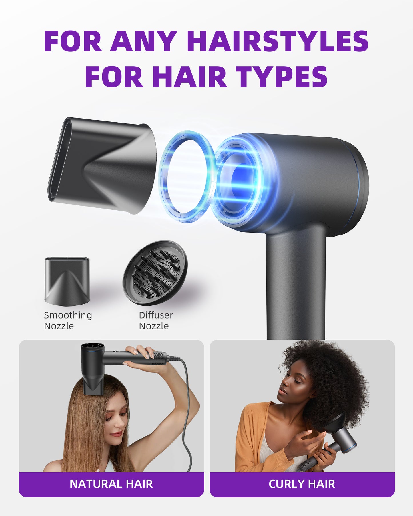 Ionic High-Speed Hair Dryer with Diffuser and Smart Touch Screen – Fast, Quiet, Lightweight for Curly & Fine Hair