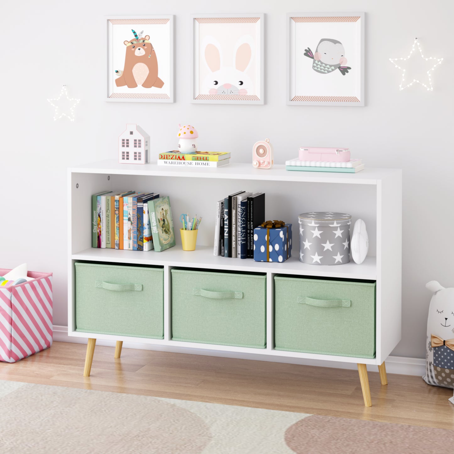 Kids Bookcase with Collapsible Fabric Drawers - White & Green
