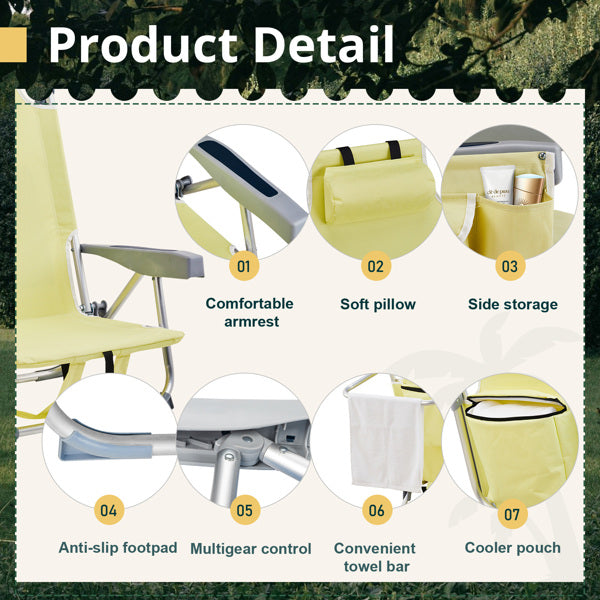 Lightweight Folding Beach Chair with Adjustable Back - Yellow