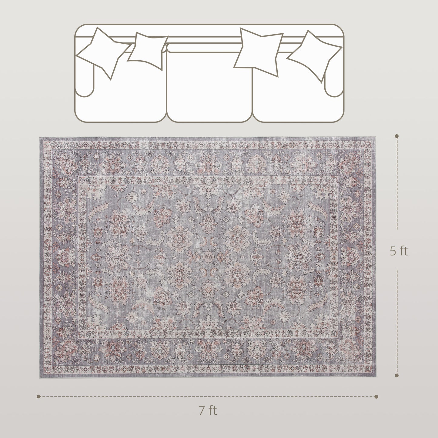 Machine Washable Area Rug 5x7 - Non-Slip Floral Carpet, Grey & Brown