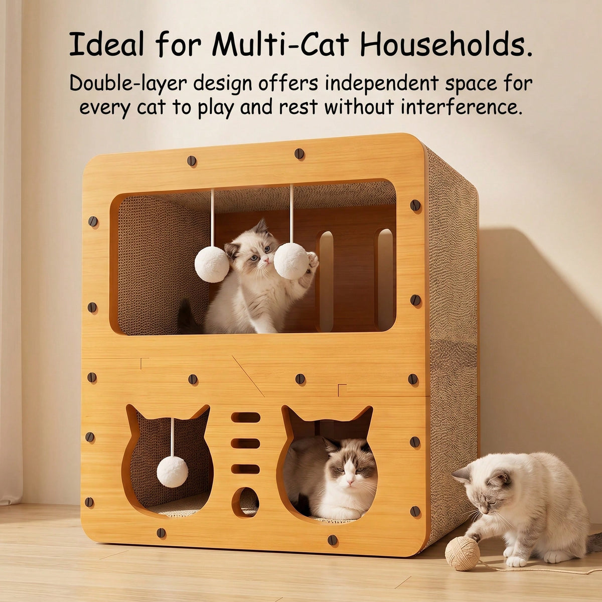 Double Layer Cat Scratcher House Large Space Cat Bed with Hanging Toy
