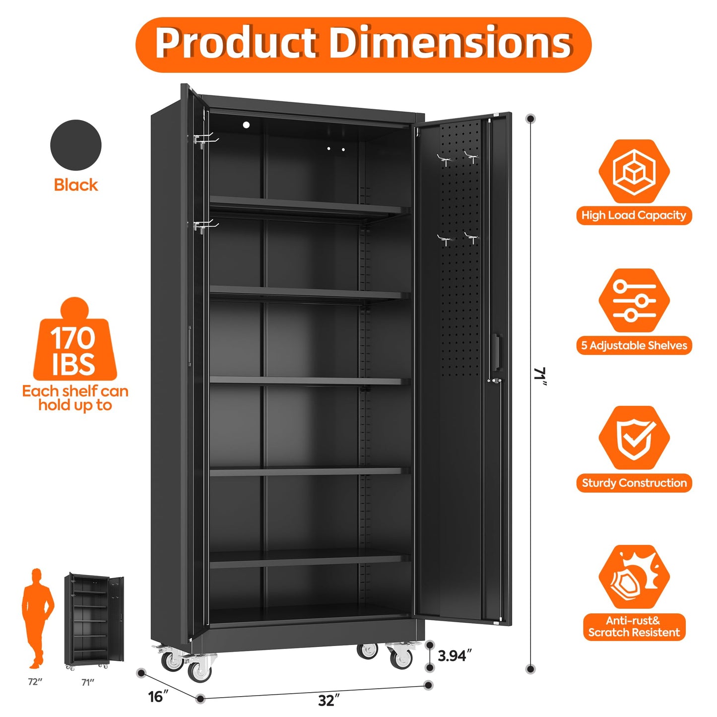 Metal Storage Cabinet on Wheels - Lockable Black with 5 Shelves