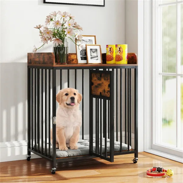 2-in-1 Dog Crate Furniture with Lockable Wheels - Small Dog Kennel