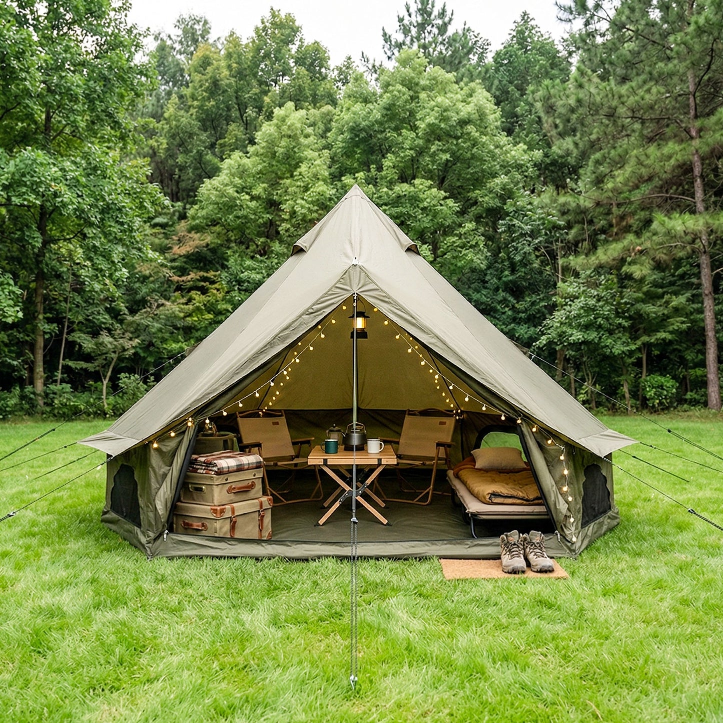 16.4FT Green Waterproof Bell Tent with Stove Jack - 10 Person Glamping Yurt