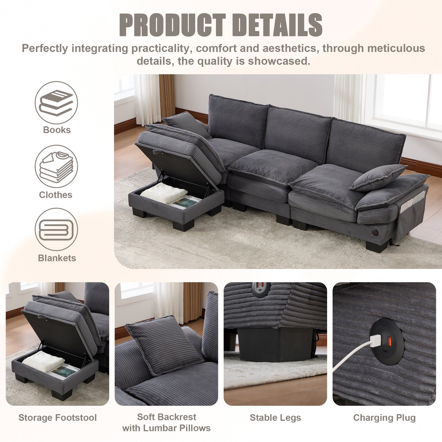 Modular Sectional Cloud Sofa - Dark Gray Corduroy, Comfy Design