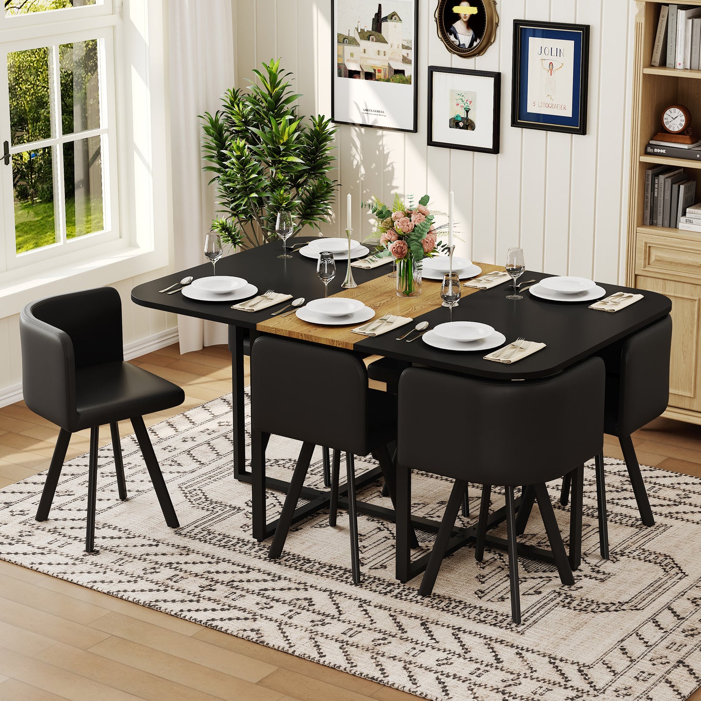 7-Piece Dining Table Set with 6 Black PU Chairs - Two-Tone Design