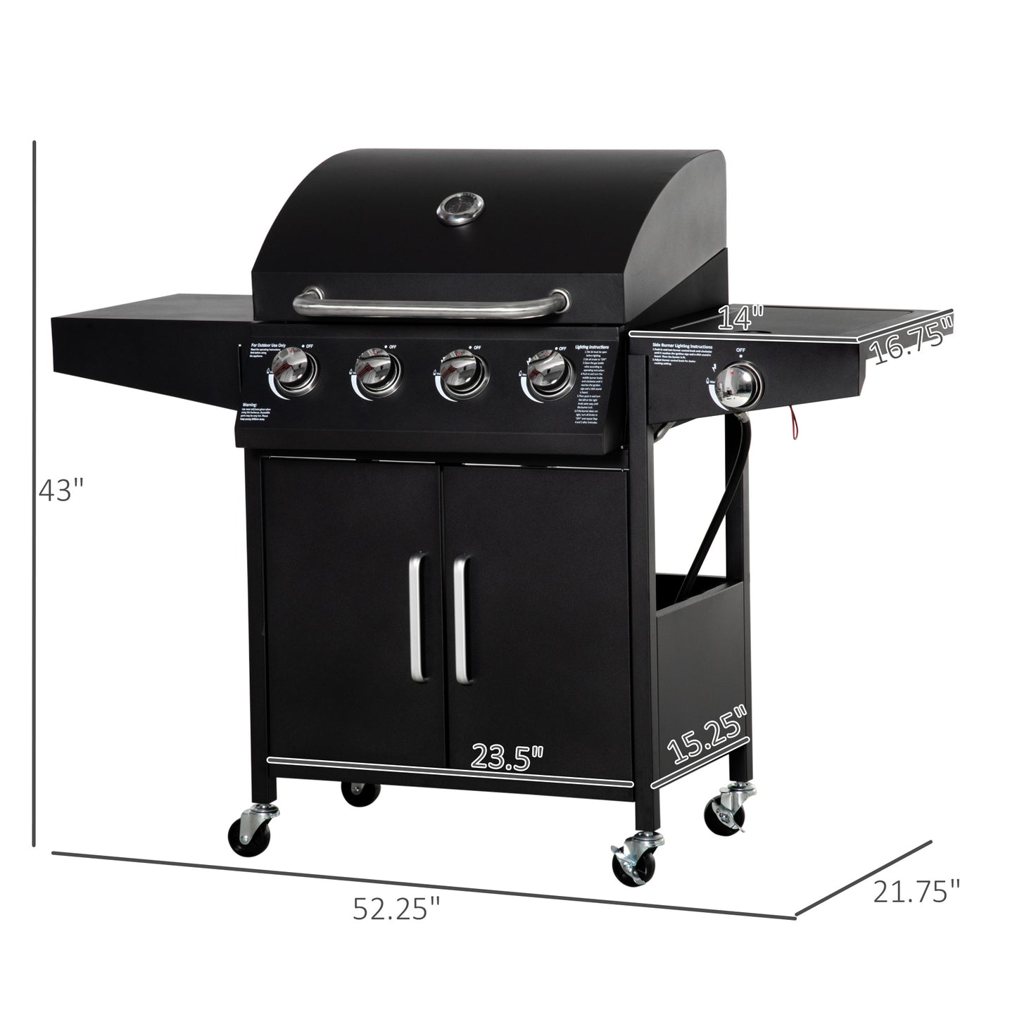 52" 4-Burner Propane Gas BBQ Grill with Side Burner & Wheels