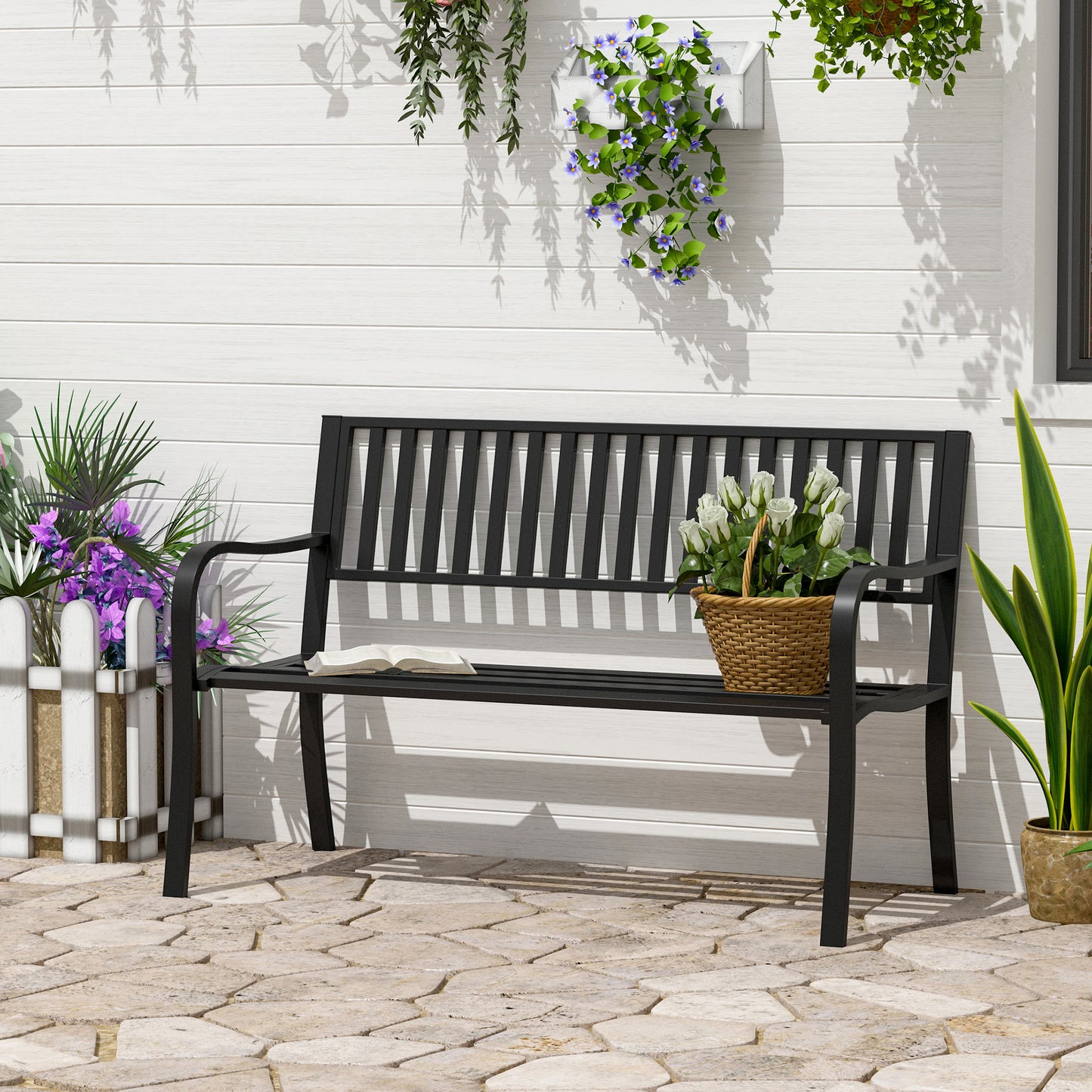 50" Outdoor Patio Bench - Slatted Steel Garden Seating - Black