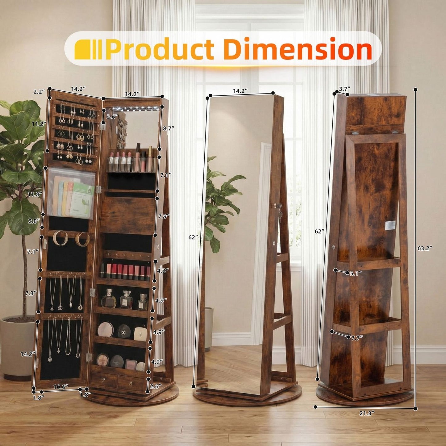 Rotating Jewelry Armoire with Full Length Mirror - Multiple Colors