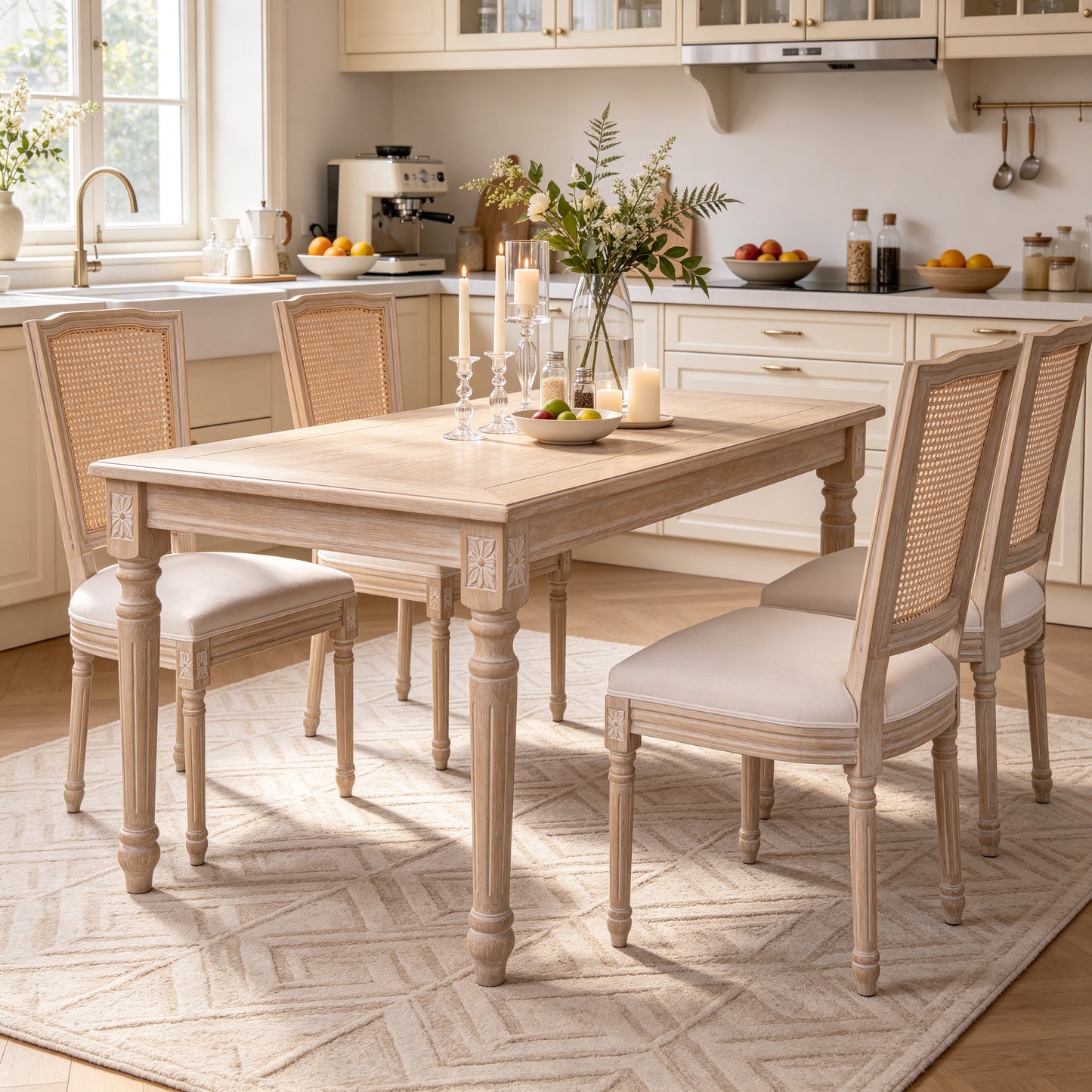 French Country Dining Chairs Set of 2 - Upholstered Rattan Back