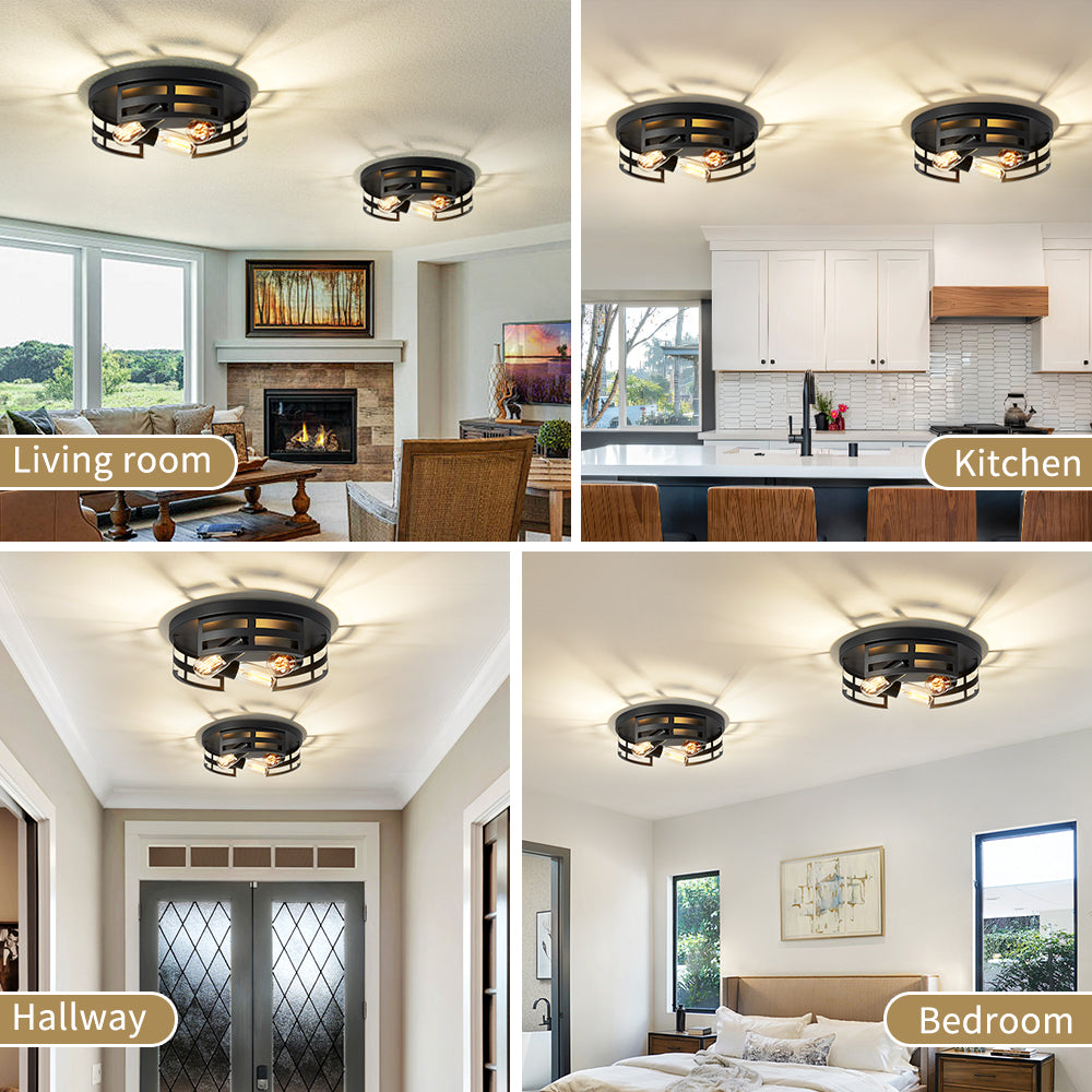 2-Pack Black Flush Mount Ceiling Light Fixtures - Modern Industrial Design for Kitchen Hallway