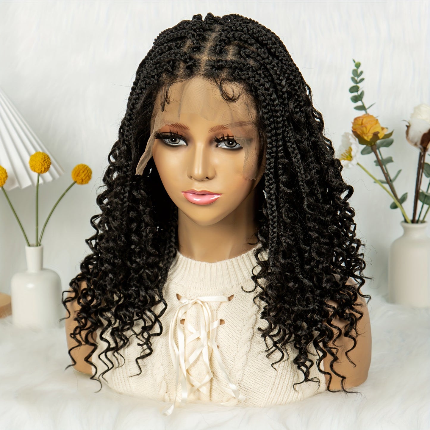 Three-Strand Braid Full Lace Synthetic Wig for Women - Long Curly Hair with Side Bangs