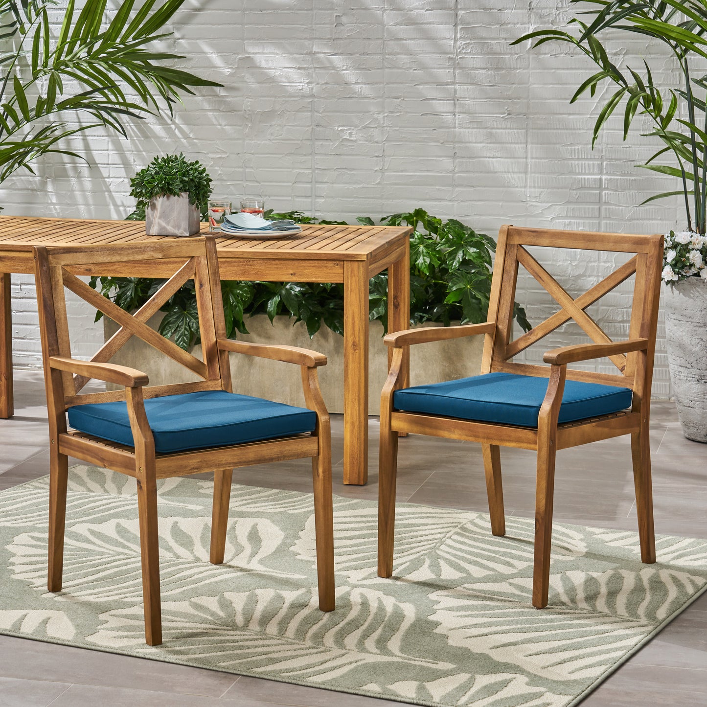 Outdoor Dining Chairs Set of 2 with Blue Cushions - Acacia Wood