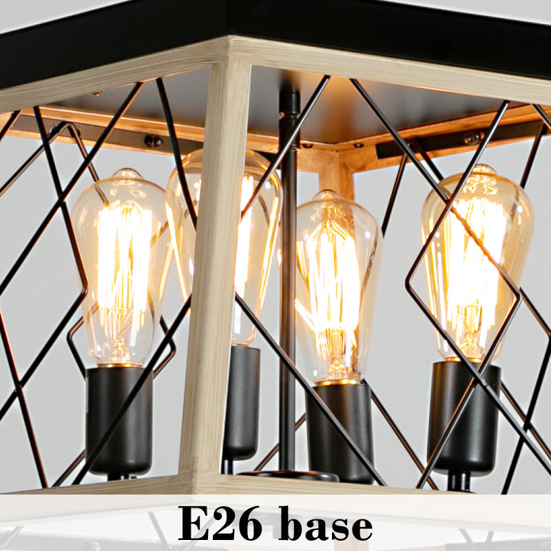 16-Inch Oak Industrial 4-Light Pendant Chandelier - Adjustable