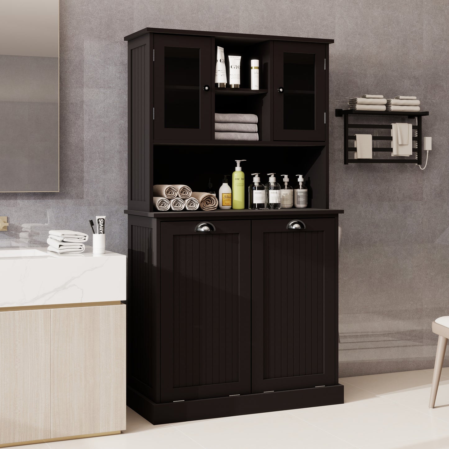 Tall Bathroom Cabinet with Tilt-Out Laundry Basket & 2 Shelves - Black