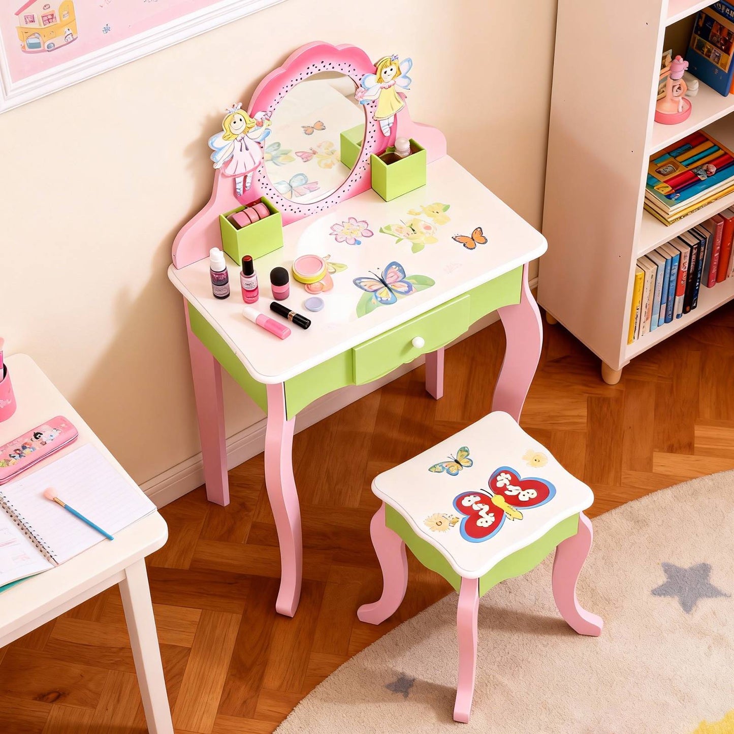 Kids Vanity Set With Mirror Drawer Flower Fairy Design Wooden Toddler