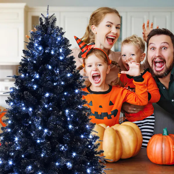 7ft Black LED Christmas Tree with Hinged Base for Indoor Decor