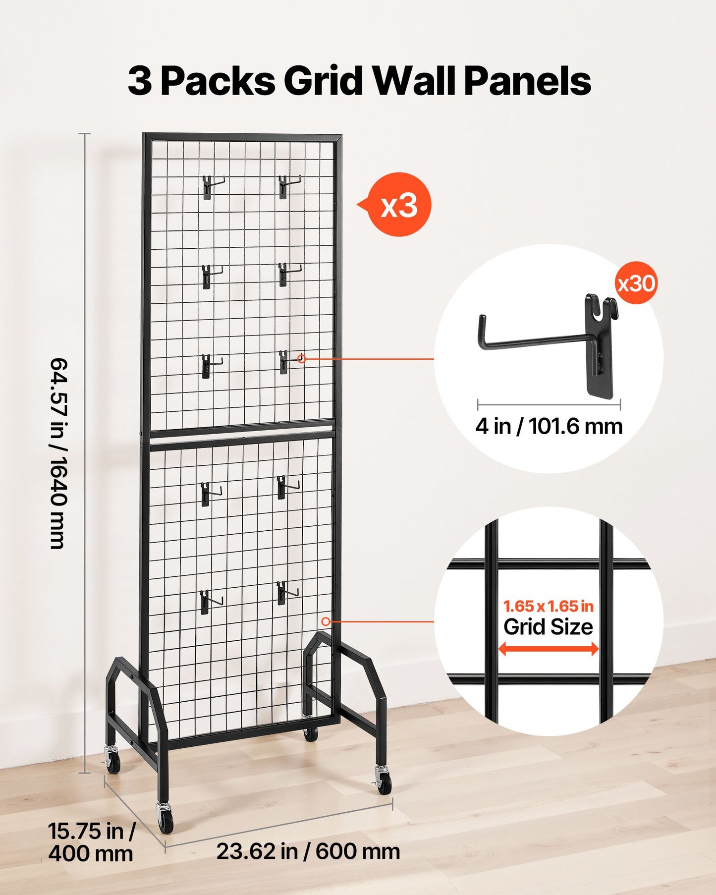 Grid Wall Panel Display Rack with Wheels & Hooks - 3 Packs