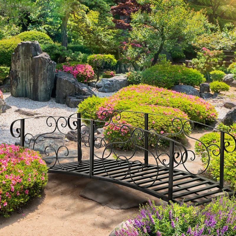 6' Metal Garden Bridge with Safety Siderails for Backyard Pond Creek - Black