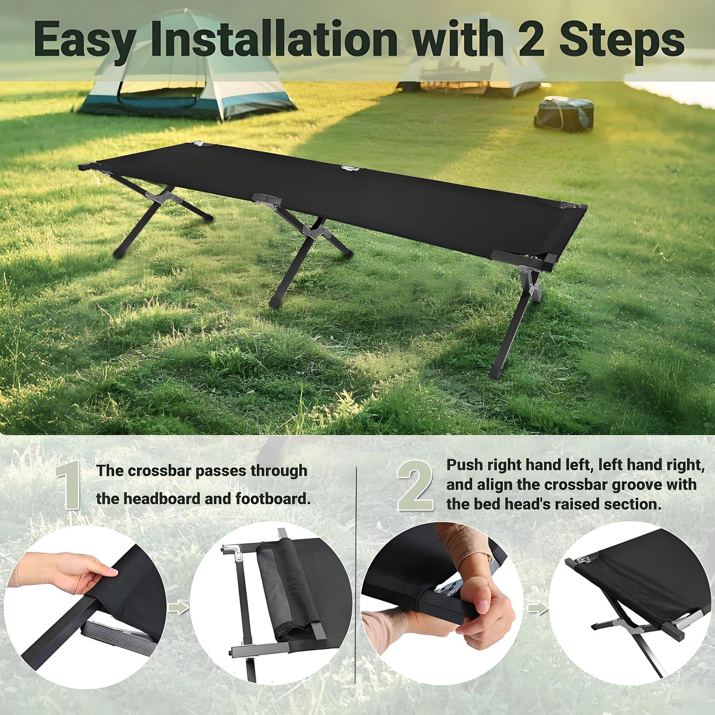 Portable Folding Camping Cot with Carry Bag - Lightweight Black