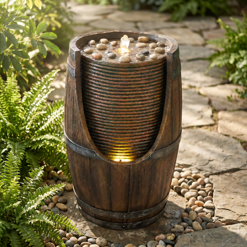 Outdoor Water Fountain with Lights Rustic Wood Look Resin Garden Decor for Patio Yard